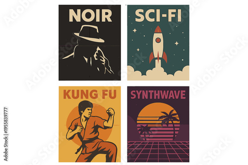 Exploring retro themes with posters of noir, sci-fi, kung fu, and synthwave styles in a creative workspace