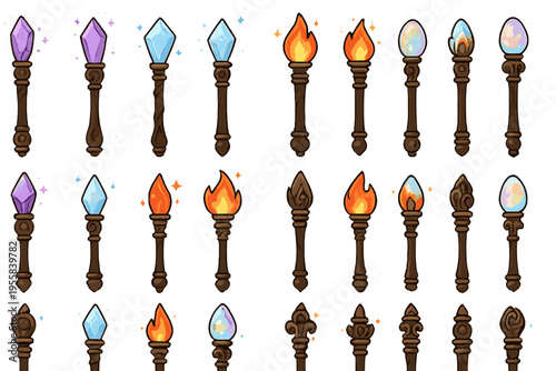 Different types of fantasy torches with various designs and colors displayed in a row