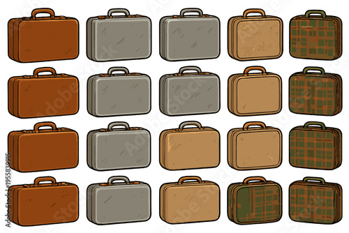 Different styles of travel bags in a grid layout on a white background showing various colors and patterns