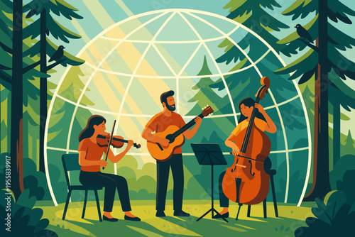 Musicians play in a forest under a geodesic dome during the afternoon sunshine