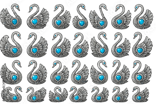 Swan decorations with blue gems arranged in rows on a white background in a creative display