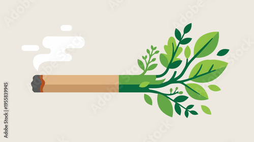 Cigarette transforming into green leaves symbolizing quitting smoking.