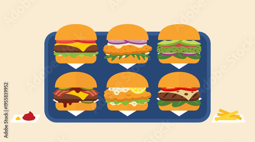 A variety of delicious burgers served on a blue tray.