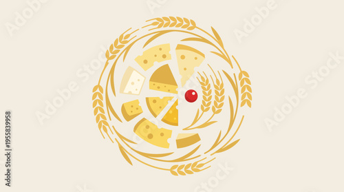 Circular arrangement of cheese slices and wheat stalks with a red berry in the center.