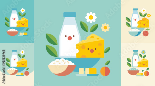 Assortment of dairy products including milk cheese and cottage cheese with green leaves and flowers.
