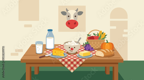 Delicious breakfast spread with fresh dairy products and baked goods.