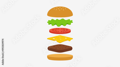 Exploded view of a classic hamburger with all its delicious ingredients separated.