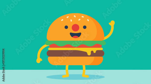 Happy Cartoon Hamburger Character Waving.