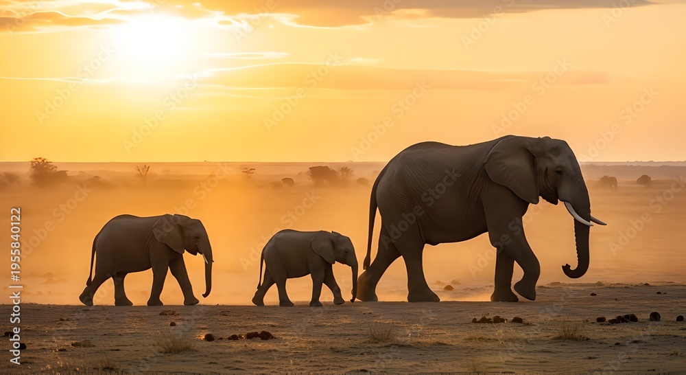 Fototapeta premium An elephant family, adult leading two calves, journeys across the dusty African savanna under the breathtaking golden light of a sunset, a powerful display of wildlife