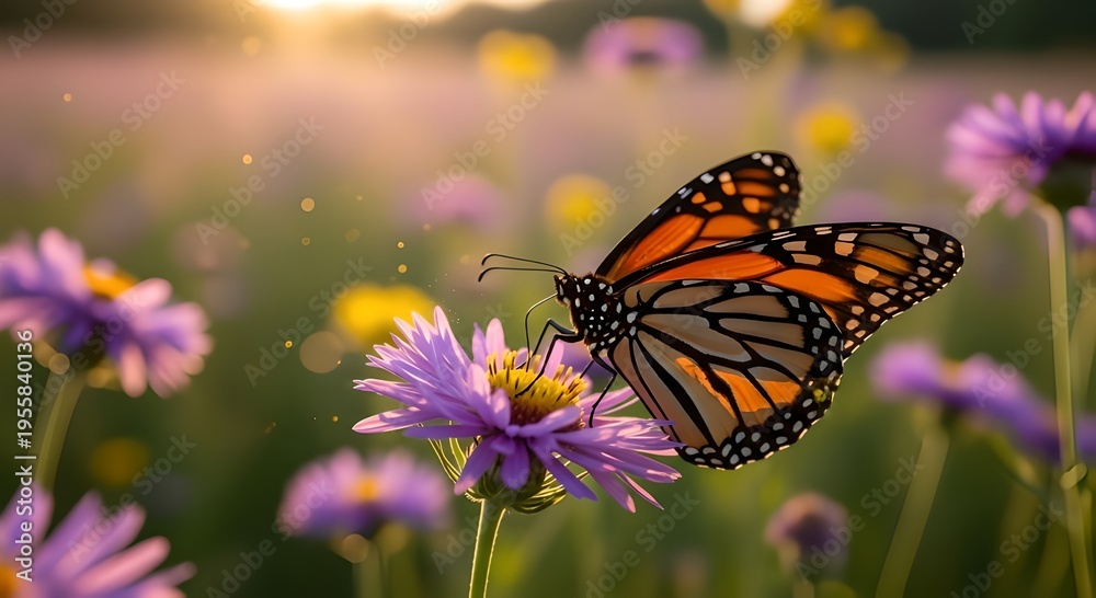 Obraz premium A monarch butterfly gracefully rests on a vibrant purple flower, bathed in the soft, golden glow of a warm sunrise, capturing the delicate beauty of nature's awakening
