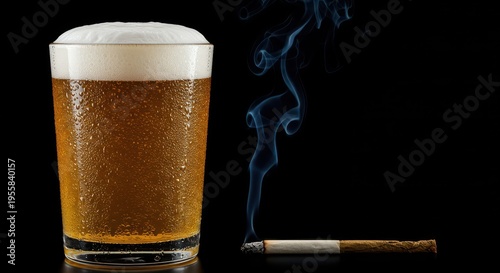 Chilled glass of golden craft beer condensation beads and frothy white head placed next to a smoldering tobacco stick exhaling smoke, smoking, vapor, yellow