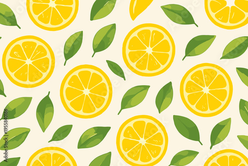 Lemons and green leaves arranged in a pattern for a kitchen or food-themed design in a light background