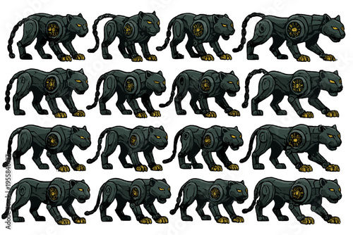 Black panther robot figures appear in different poses on a white background during a design showcase event in 2023