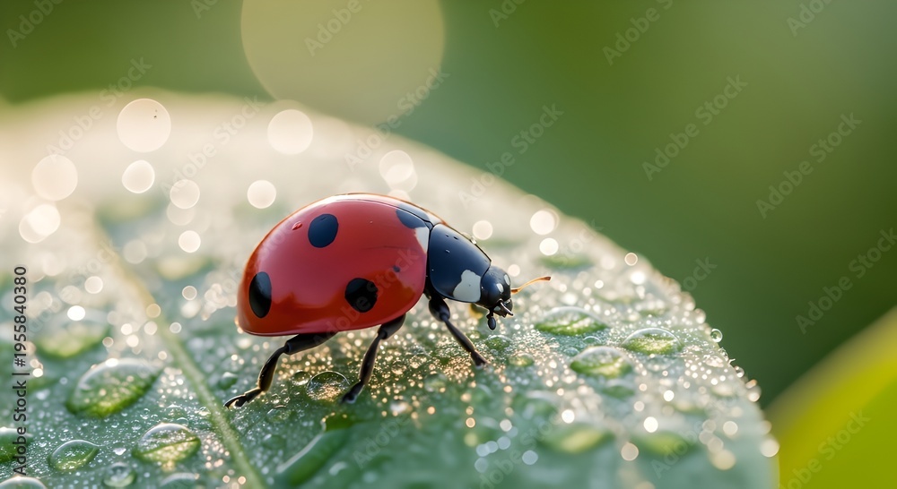 Fototapeta premium Close-up macro shot of a ladybug with its red shell and black spots resting on a wet green leaf in soft sunlight, capturing the intricate details of nature