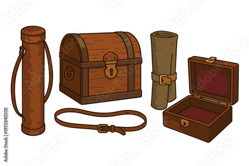Items on a table including a treasure chest, a rolled map, a small box, and a leather strap with a buckle