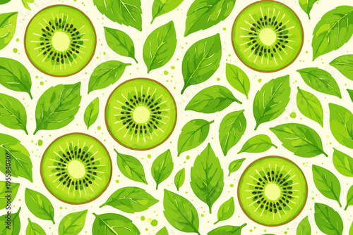 Bright pattern of kiwi slices and green leaves on a light background showcasing fresh fruit elements for design and decoration