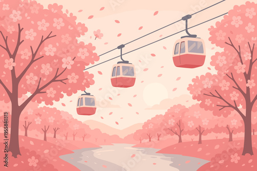 Cable cars move above cherry blossom trees along a river at sunset in a peaceful setting with a soft pastel color palette