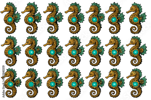 Seahorse designs with decorative details arranged in a grid pattern showcasing unique patterns and colors