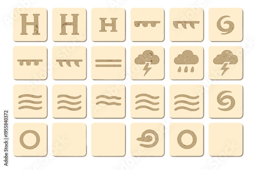 Shapes and symbols on wooden tiles arranged in grid pattern for educational or game purposes indoors