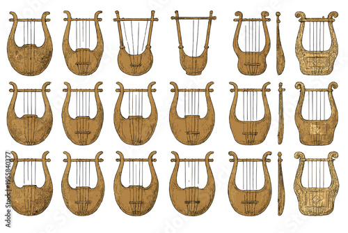 Collection of ancient lyres showing different styles and designs from various cultures and periods