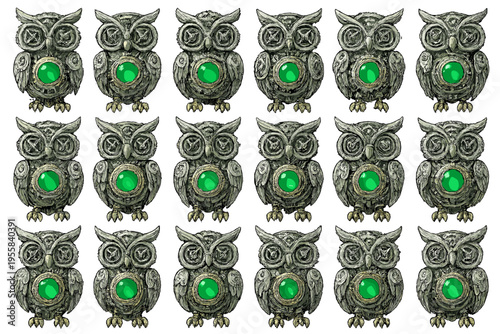 Many decorative owl figurines with green stones on their bodies arranged in rows on a flat surface in a well-lit room