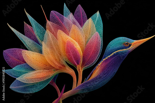 Colorful abstract bird and flower made of translucent lace texture on black background