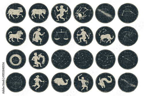 Zodiac signs illustrated in circular designs showing constellations and symbols related to astrology