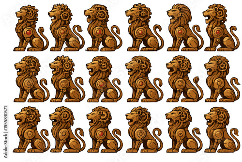 Many wooden lion figures arranged in rows for display at a craft fair
