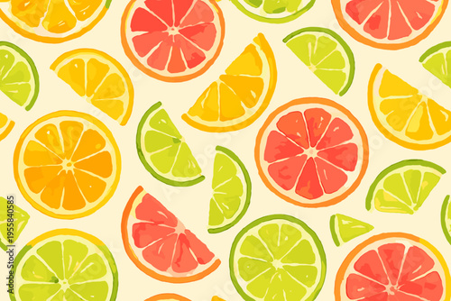 Colorful fruit pattern with orange, lime, lemon, and grapefruit slices on a light background