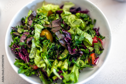 Plain mixed salad vegetables on table white plate bowl with raddichio, lettuce, tomatoes and dill herbs
