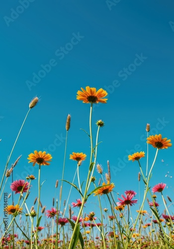 Vibrant wildflowers blooming under a clear, endless blue sky, capturing the essence of a warm, peaceful summer meadow landscape, petals, floral, white