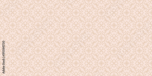 Vector abstract geometric seamless pattern in vintage european rococo style. Pink background with gold curved lines, floral shapes, curls. Delicate texture for decor, print, textile, wallpaper
