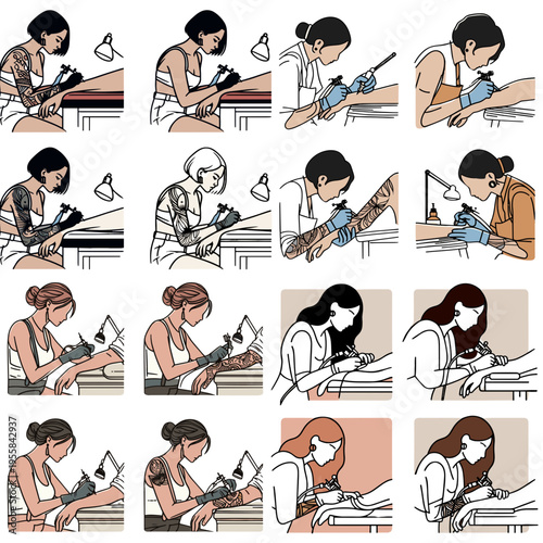 Female tattoo artist drawing on arm in various styles and colors  