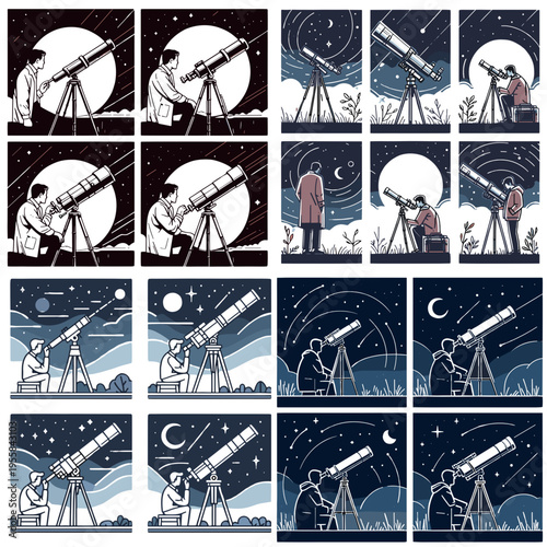 Man watching stars through telescope at night in various scenes  