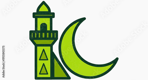 Islamic crescent moon and mosque minaret logo in bright green, representing Islam and Islamic culture
