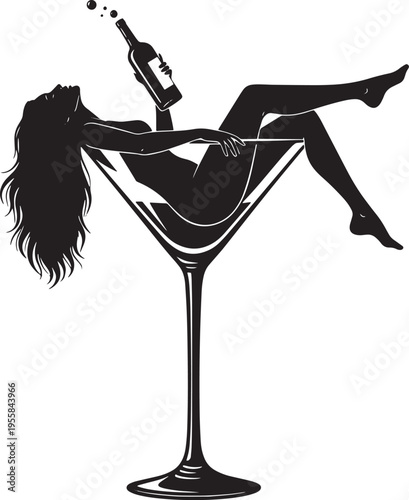 Elegant silhouette of a woman enjoying a drink, gracefully reclining in a stylized cocktail glass, symbolizing a luxurious evening and sophisticated nightlife ambiance