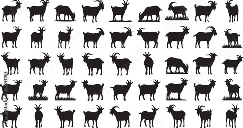 A comprehensive collection of diverse goat silhouettes, showcasing various poses and profiles, perfect for design elements, farm animal themes, and educational resources