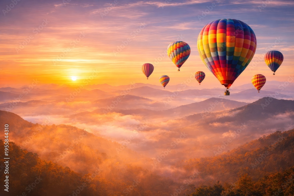Obraz premium Colorful hot air balloons flying over misty mountains at sunrise landscape