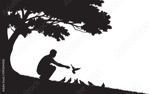A serene silhouette captures a moment of human kindness as a person crouches under a sprawling tree, gently feeding a group of pigeons, symbolizing a peaceful connection with nature and urban wildlife