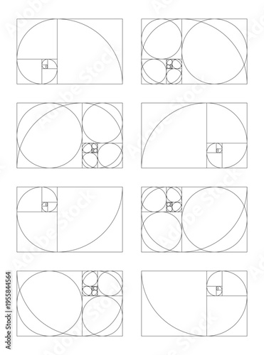 Golden ratio minimalist collection. Golden method section mockups. Fibonacci array, numbers shapes. Harmony proportions frames. Harmony proportions grids set.