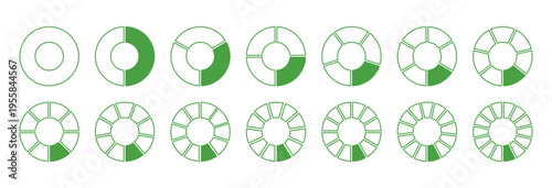 Wheel round green divided diagrams from one to fourteen segments. Circle division from 1 to 14 equal parts. Coaching green blank.