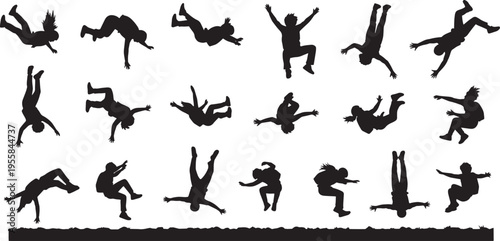 Dynamic collection of acrobatic human silhouettes capturing various jumps, flips, and free-running movements, showcasing agility and physical prowess against a clean background
