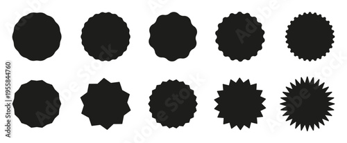 Black circle stickers. Star burst shape tags for price, shops set. Wavy edge promo black badges. Vintage flat labels. Blank sale stickers, simple silhouette. Graphic illustration.
