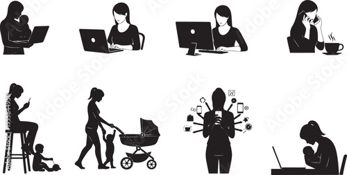Dynamic Silhouettes Illustrating Modern Women Balancing Professional Roles, Motherhood, and Digital Connectivity in the Fast-Paced Contemporary World