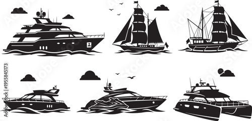 Dynamic silhouette illustration of diverse maritime transport, featuring a collection of sleek modern yachts and majestic historical sailing ships with waves