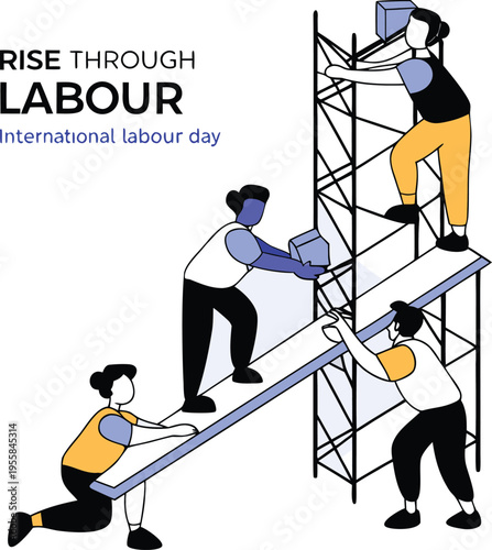 People working together on scaffolding for international labour day