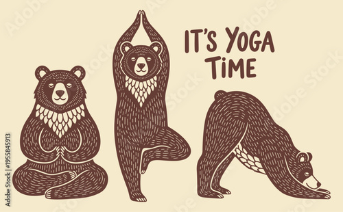 Bear Practicing Yoga Poses, Meditation, Yoga Time Illustration