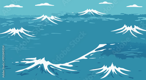 Serene ocean waves crashing against distant snowy mountains under clear blue sky