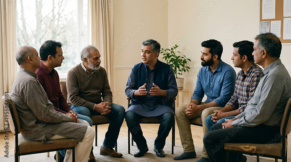 Fototapeta premium A diverse group of South Asian men of various ages sitting in a circle, engaged in a serious and supportive discussion indoors.
