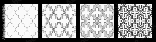 Set of four arabic geometric seamless pattern. Quatrefoil vector pattern. Lattice pattern. Oriental traditional pattern with repeated mosaic tiles. Moroccan crosses motif. Black and white vector backg